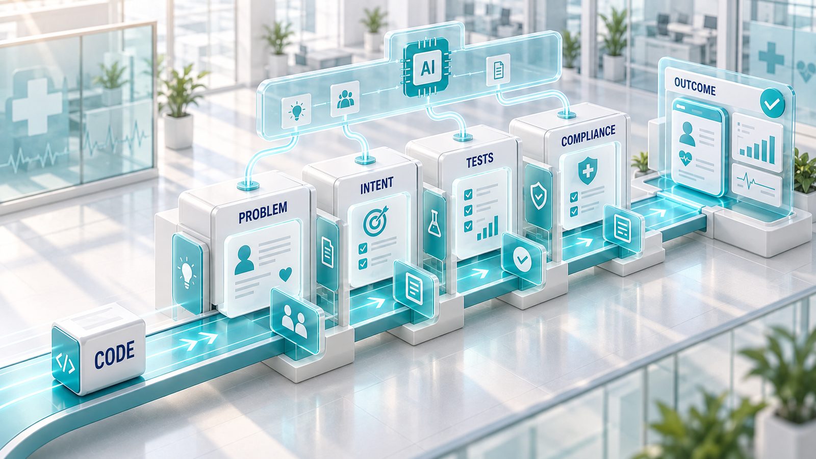 An AI-guided pipeline where code passes through problem, intent, tests and compliance stages on its way to an outcome.