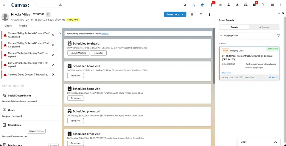 Keyword search surfaces matching chart entries - here an imaging order - in the chart panel.
