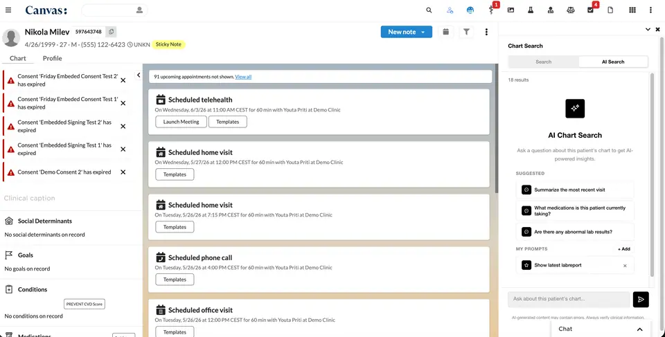 The AI search home screen with suggested and personal prompts.