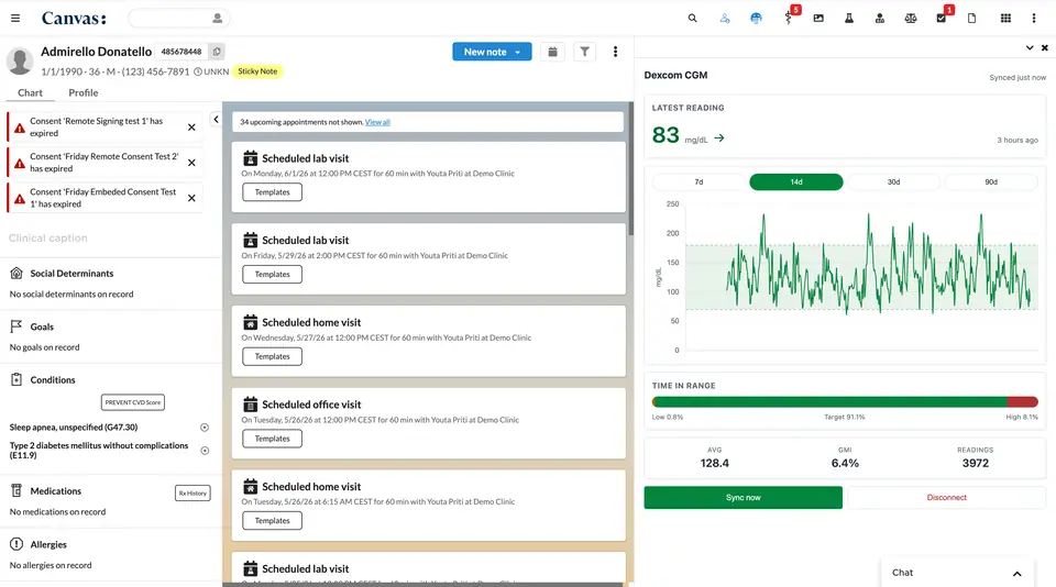 A patient's synced glucose data in the chart, the latest reading, a fourteen day trace, time in range, and average glucose across nearly four thousand readings.
