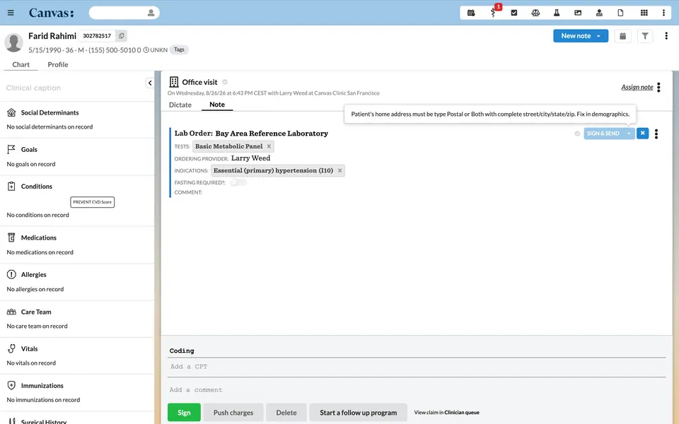 Sign and Send blocked on a lab order, with the rule's message naming the missing field.