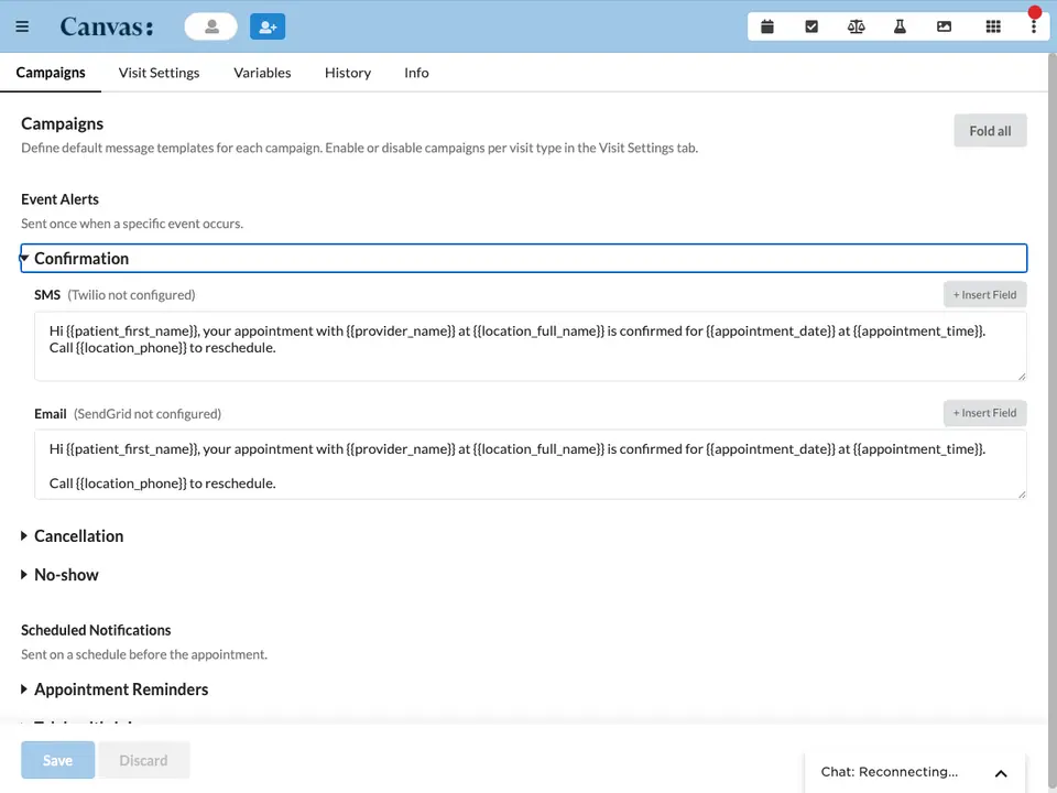 The admin app editing the SMS and email templates for the confirmation campaign, with dynamic patient and appointment fields.