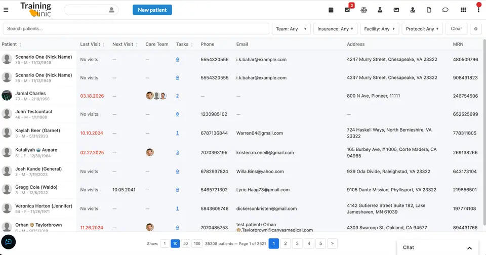 The patient roster with the filter bar (care team, insurance, facility, protocol), search, and per-column sorting.