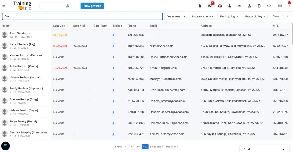 Filter the roster by patient name and sort by any sortable column (here, open tasks).