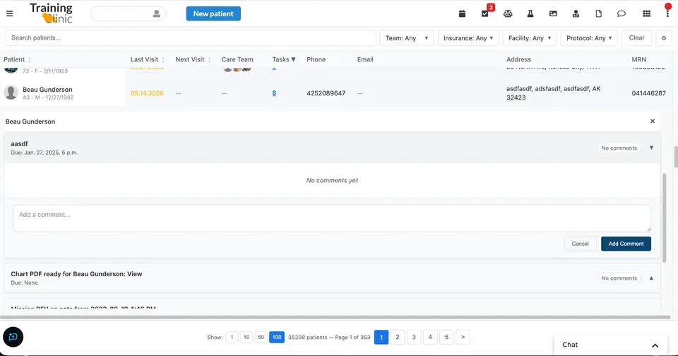 Expand a patient row to see tasks, gaps, conditions, medications, allergies, and referrals inline, including task comment threads.