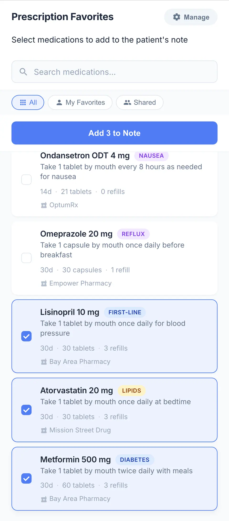 A close-up of the favorites panel, with its multi select list and pharmacy fields.