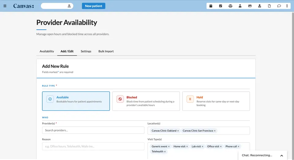 Create a rule — pick Available, Blocked, or Hold, then scope it to providers, locations, and visit types.