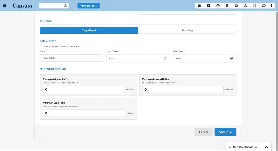 Set single or recurring schedules with pre/post-appointment buffers and a minimum booking lead time.