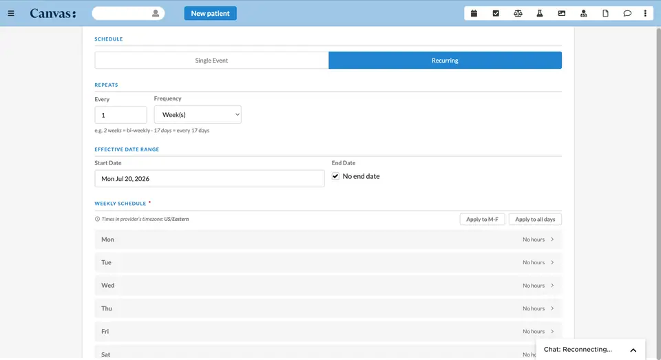 Toggle Recurring for weekly rules — choose the repeat interval, effective date range, and per-day hours.