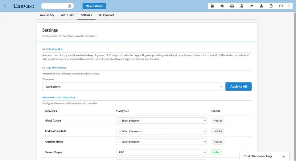 Manage access and assign timezones for the whole practice or per provider.