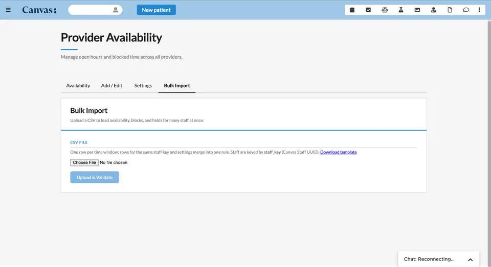 Bulk-import availability for many staff at once from a validated CSV.