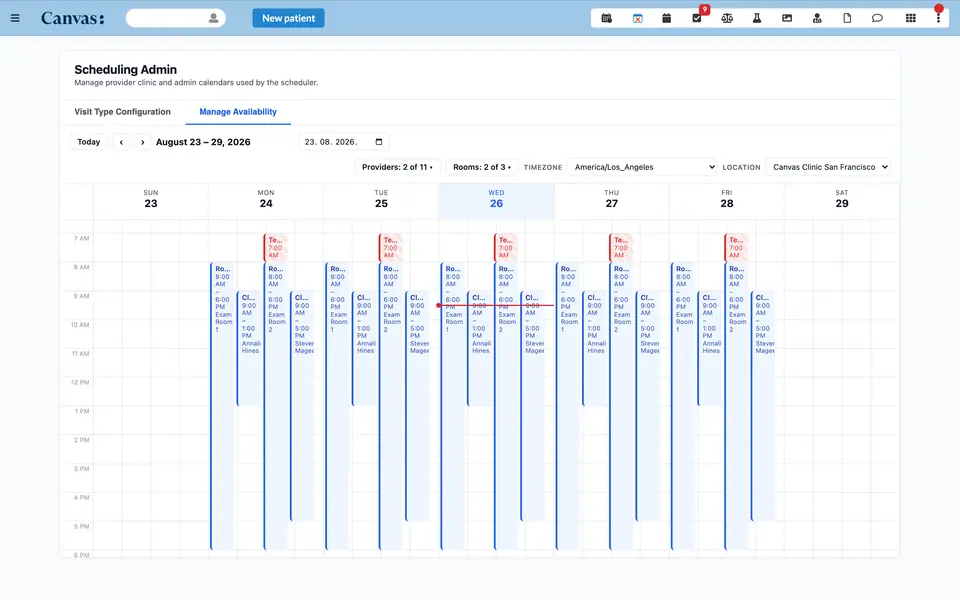 The availability manager, showing provider and room calendars side by side.
