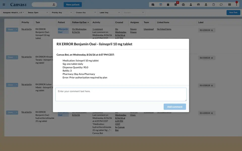 The Canvas task generated for a prescription error, with the prescription detail and the pharmacy's error text in the comment.
