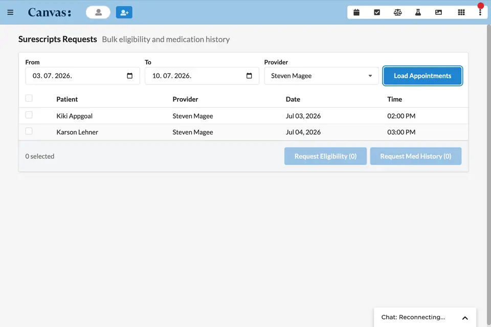 The bulk requests page, running Surescripts eligibility and medication history for a patient set across a date range.