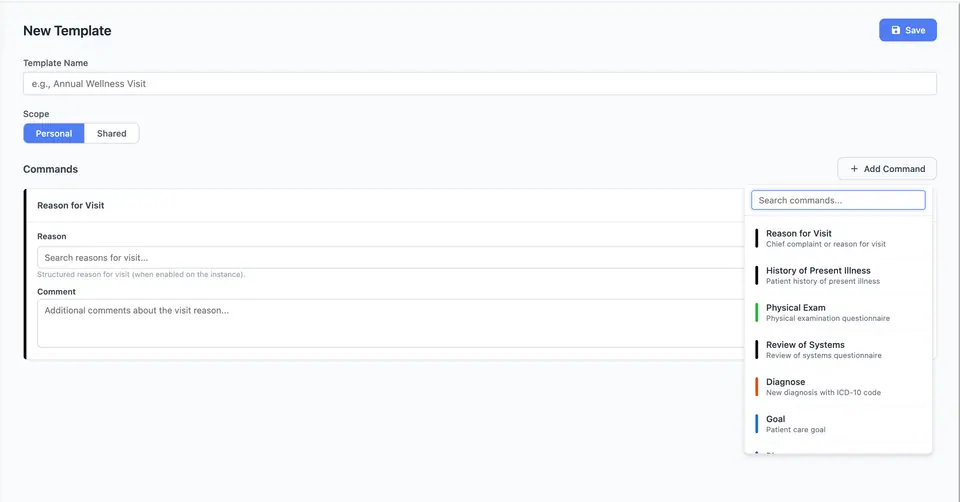 Build a note template by adding commands in the order you want them.