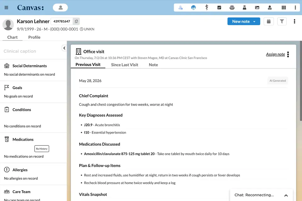 An AI-generated Previous Visit summary shown as a tab in the note, with chief complaint, diagnoses, medications, and plan.